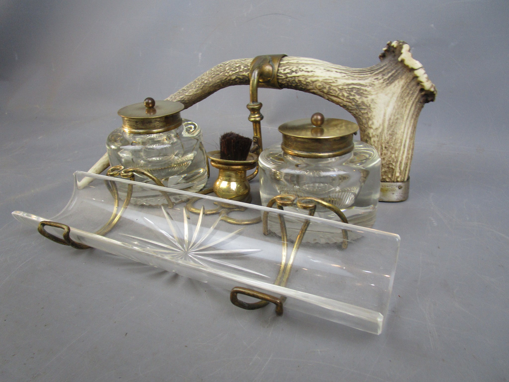 Cut Glass And Antler Ink Stand Antique Victorian c1880
