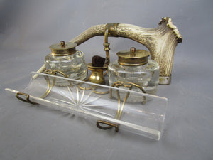 Cut Glass And Antler Ink Stand Antique Victorian c1880