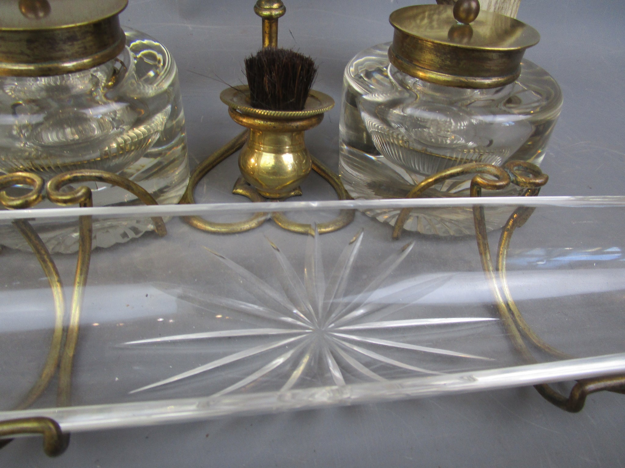 Cut Glass And Antler Ink Stand Antique Victorian c1880