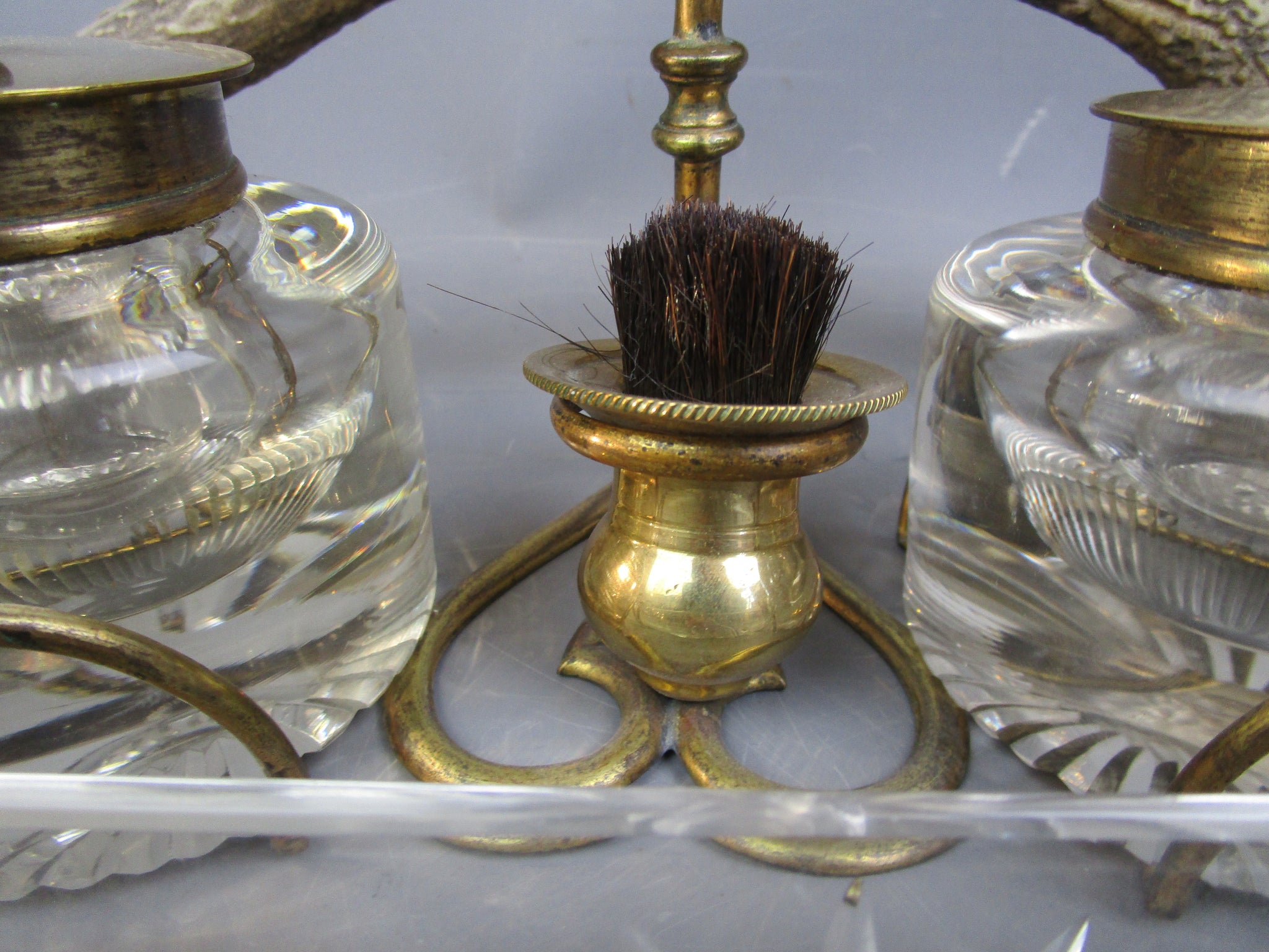 Cut Glass And Antler Ink Stand Antique Victorian c1880