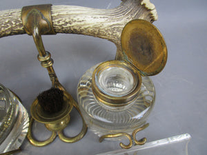 Cut Glass And Antler Ink Stand Antique Victorian c1880