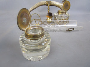 Cut Glass And Antler Ink Stand Antique Victorian c1880