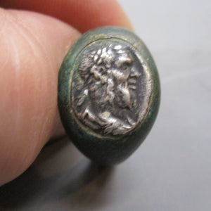 Exceptionally Rare Roman Bronze Ring Silver Coin Set Denarius Of Septimius Severus