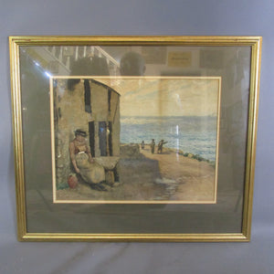 Falconer Clark (exh.1888-9) Watercolour Beachside Terrace with figures Antique Victorian 1880