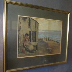 Falconer Clark (exh.1888-9) Watercolour Beachside Terrace with figures Antique Victorian 1880