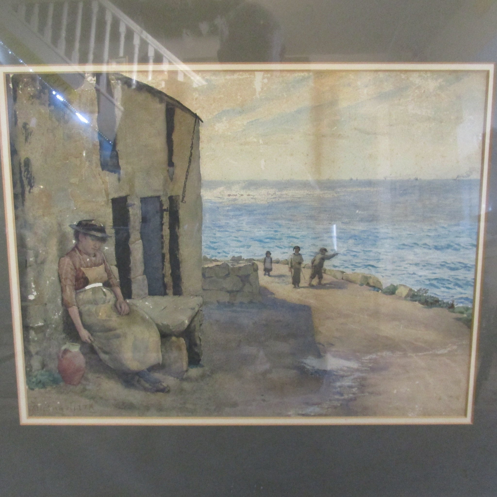 Falconer Clark (exh.1888-9) Watercolour Beachside Terrace with figures Antique Victorian 1880