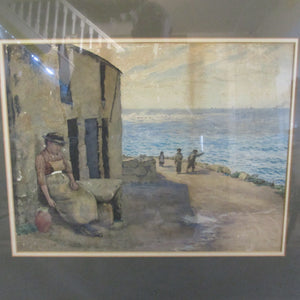 Falconer Clark (exh.1888-9) Watercolour Beachside Terrace with figures Antique Victorian 1880