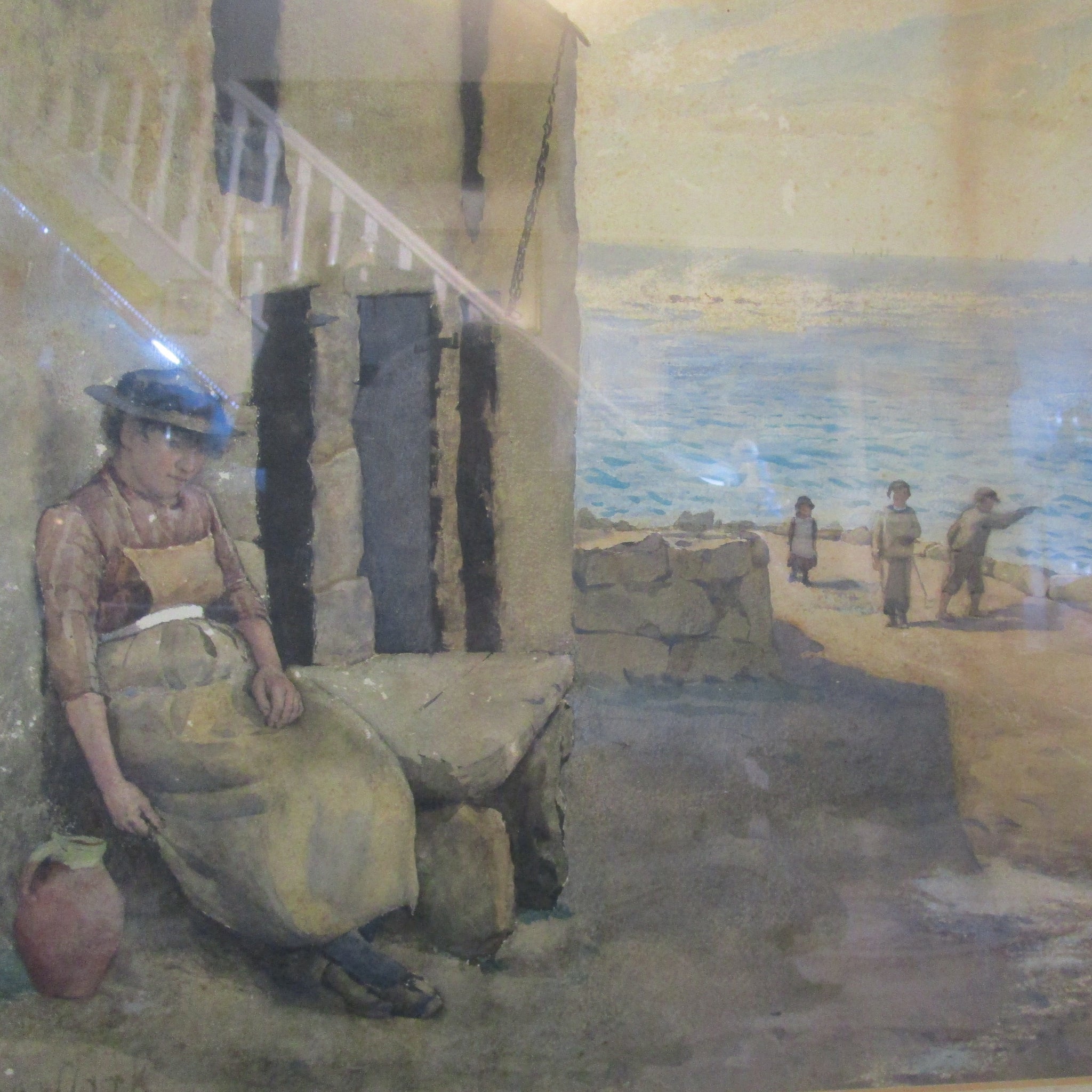 Falconer Clark (exh.1888-9) Watercolour Beachside Terrace with figures Antique Victorian 1880
