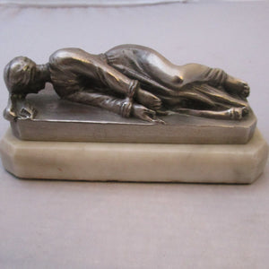 French Silver Plate On Marble Saint Cecilia Paperweight Vintage Art Deco c1930