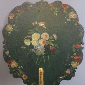 Hand Painted Floral bouquets on green ground Ornately Shaped fixed fan Antique 1870