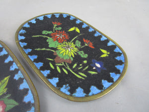 Pair Of Small Japanese Enamel Cloisonné Floral Design Trinket Trays Antique c1920