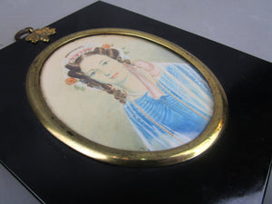 Framed Miniature Watercolour Portrait Painting Of Women In Blue Dress Antique Georgian c1830