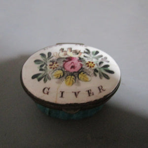 Love The Giver Green Enamel Patch Box Antique Georgian c1840
