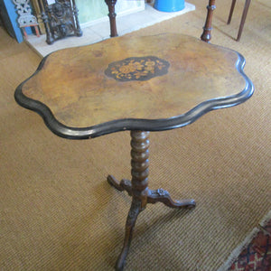 Mahogany Inlaid Occasional Side Table Bobbin Twist On Rose Carved Cabriole Scroll End Legs Antique Victorian c1880