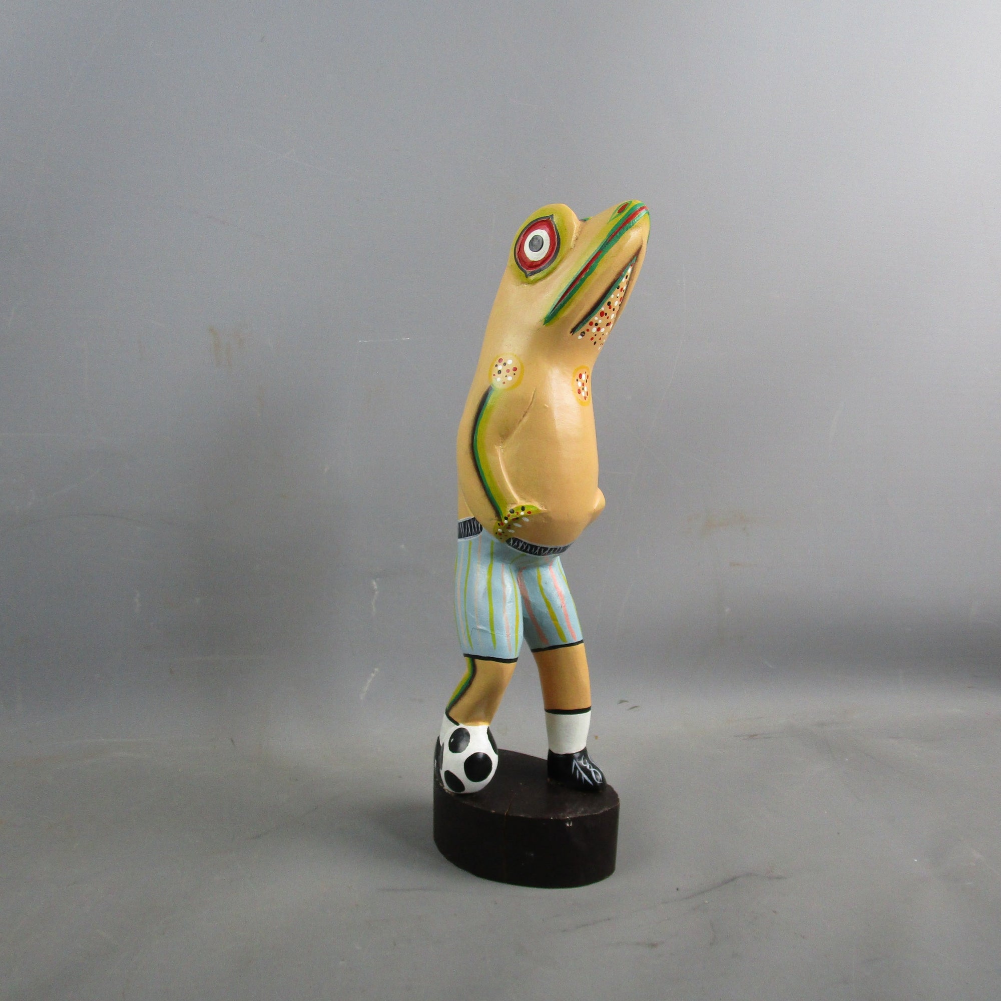 Novelty Carved And Painted Footballing Frog Figure Vintage c1970