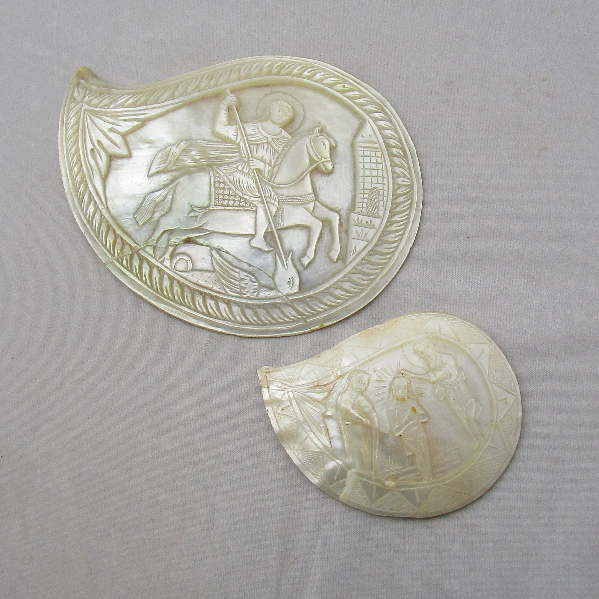 Pair Of Carved Mother Of Pearl Devotional Plaques Antique Victorian c1900