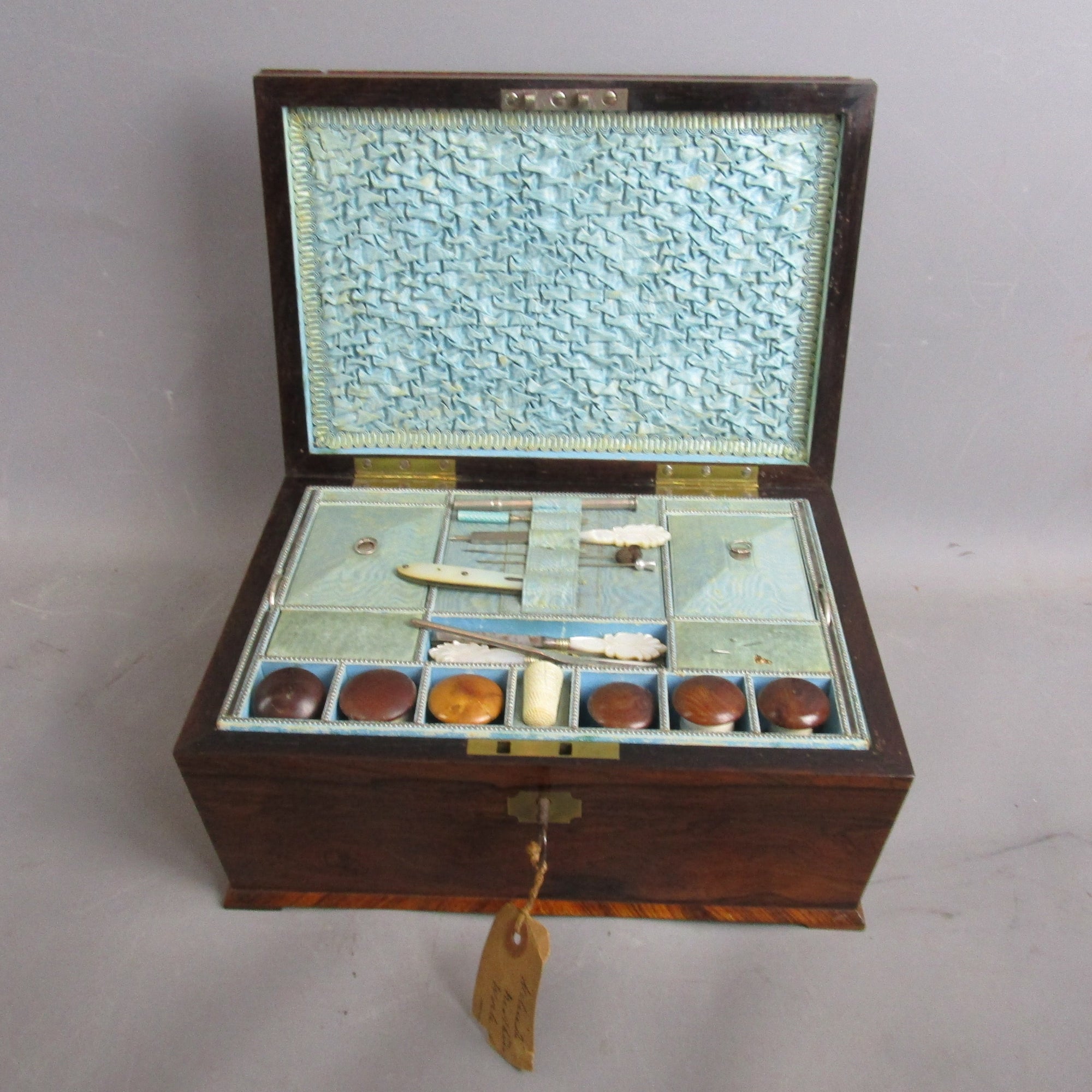 Rosewood Sewing Box With Contents And Key Antique Early 19th Century