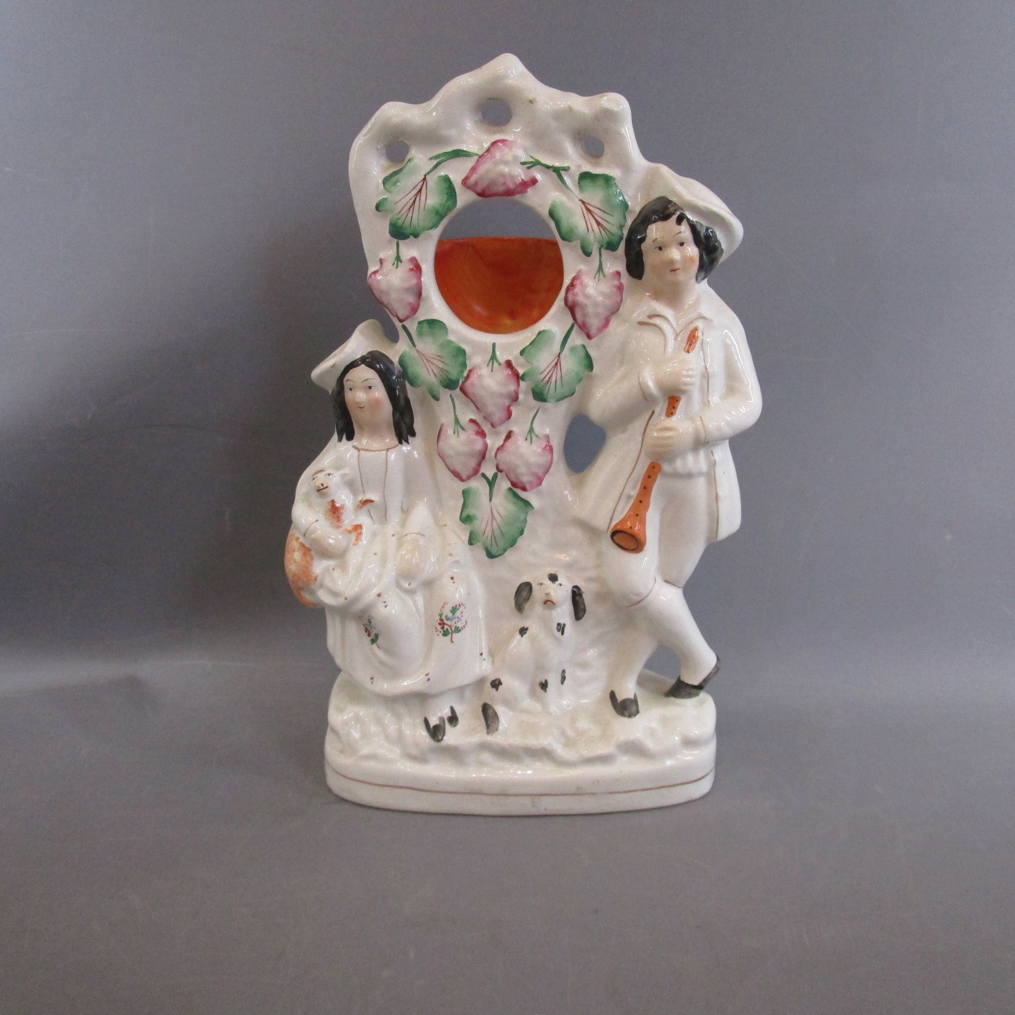 Staffordshire Flatback Pocket Watch Stand Couple With Dogs And Grape And Vine Decoration Antique Victorian 1870