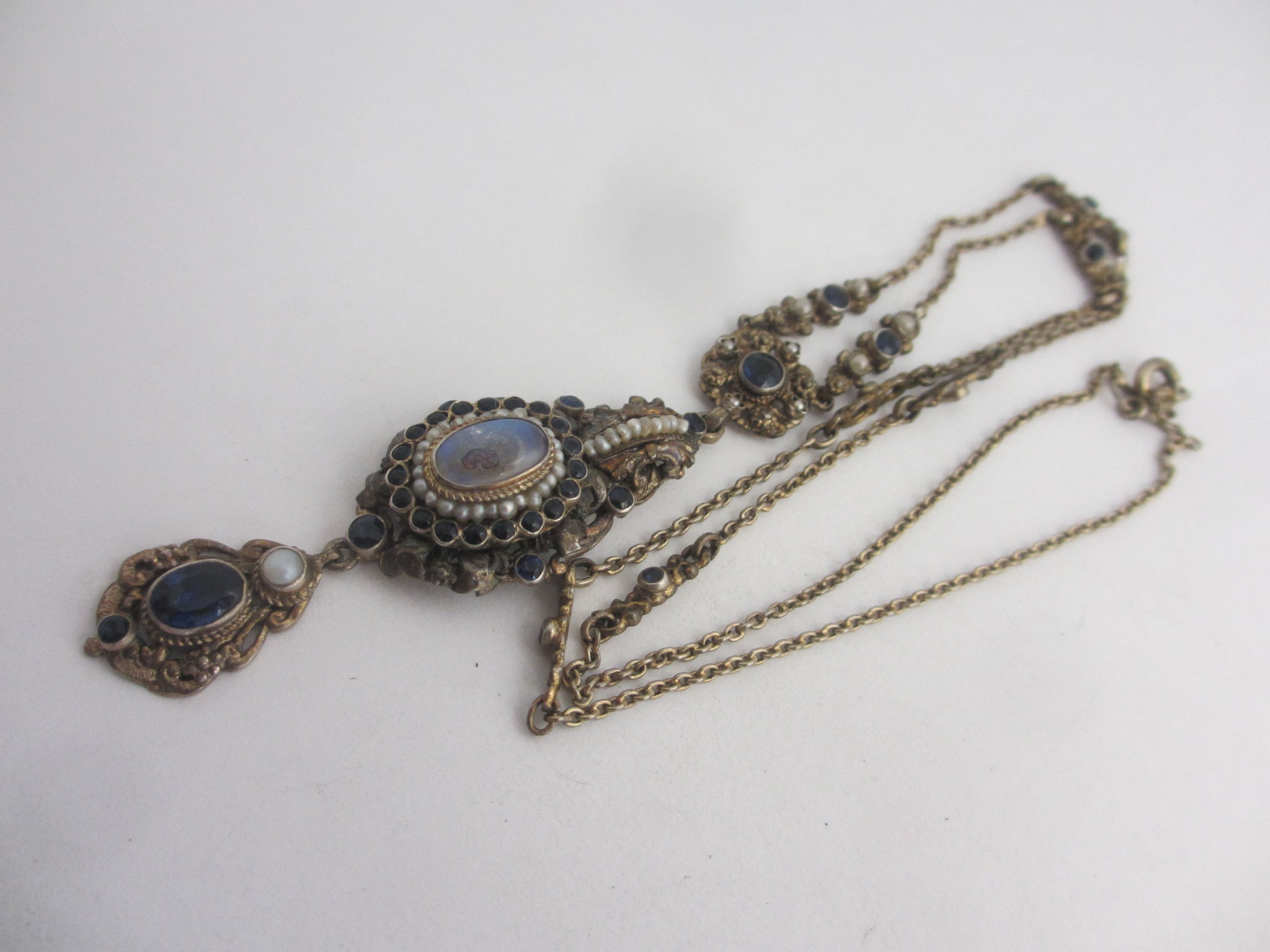 Austro Hungarian Water Opal Seed Pearl Sterling Silver Dangling Pendant Necklace Antique Victorian