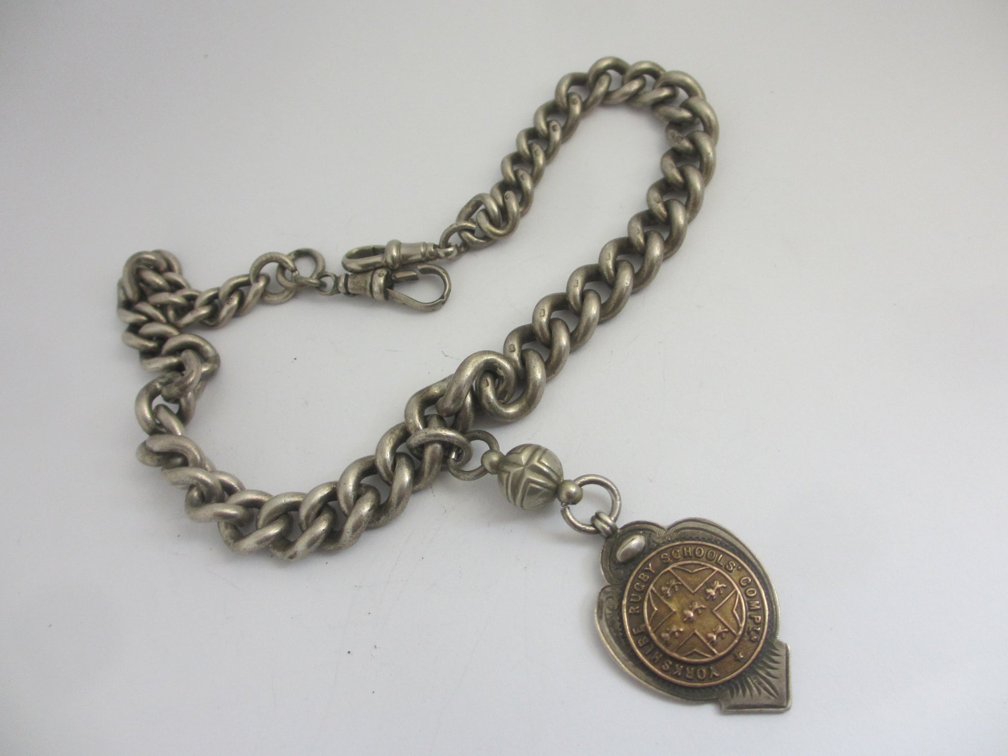 Chunky Double Albert Watch Chain with Rugby Schools Fob Vintage Art Deco