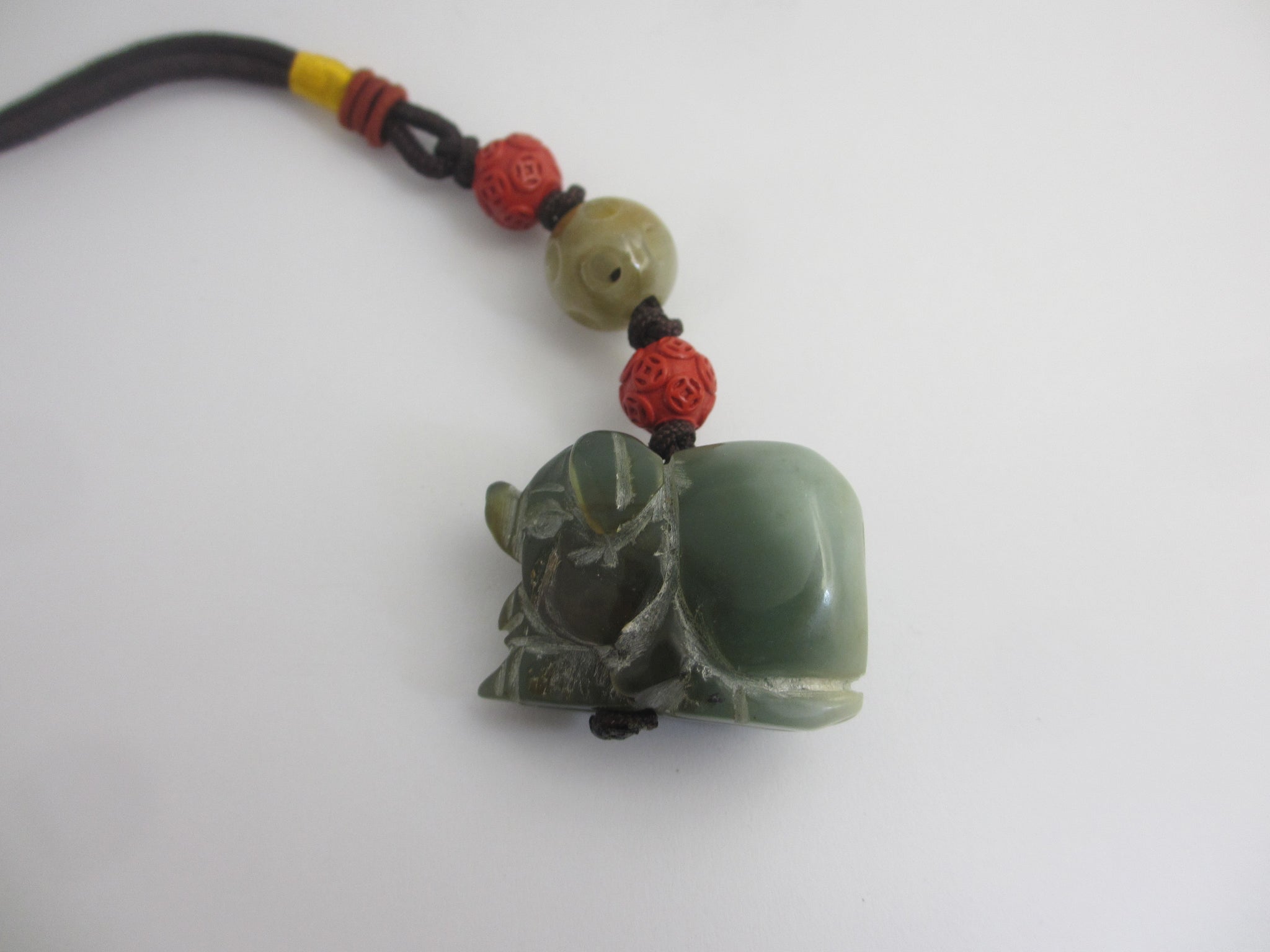 Carved Jade Elephant Cinnabar Lacquer Bead Pendant Charm Fob Vintage Art Deco