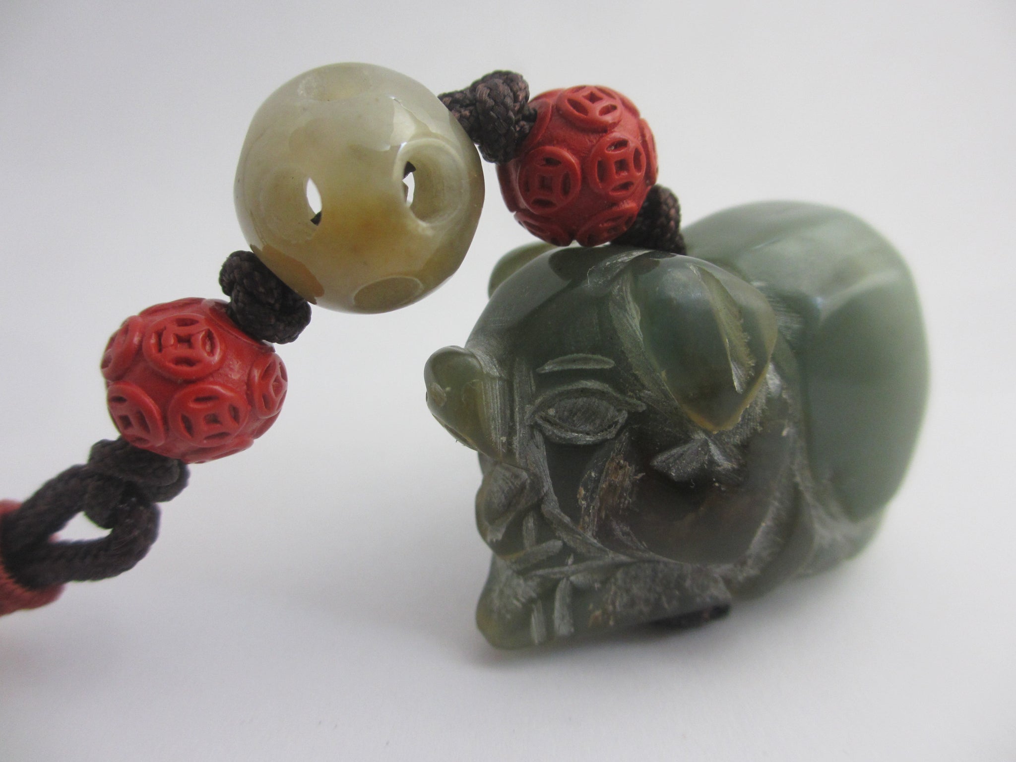 Carved Jade Elephant Cinnabar Lacquer Bead Pendant Charm Fob Vintage Art Deco