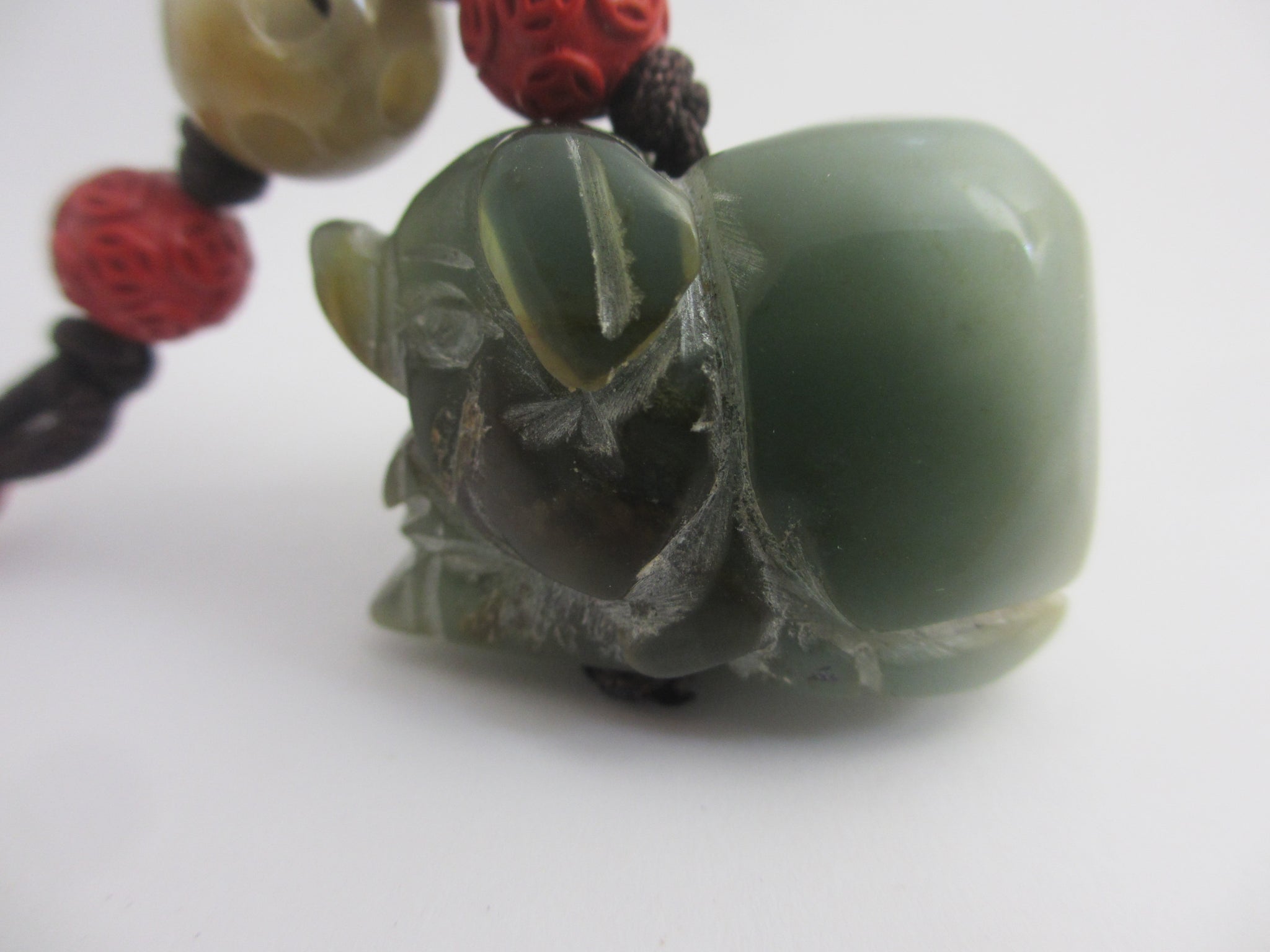Carved Jade Elephant Cinnabar Lacquer Bead Pendant Charm Fob Vintage Art Deco