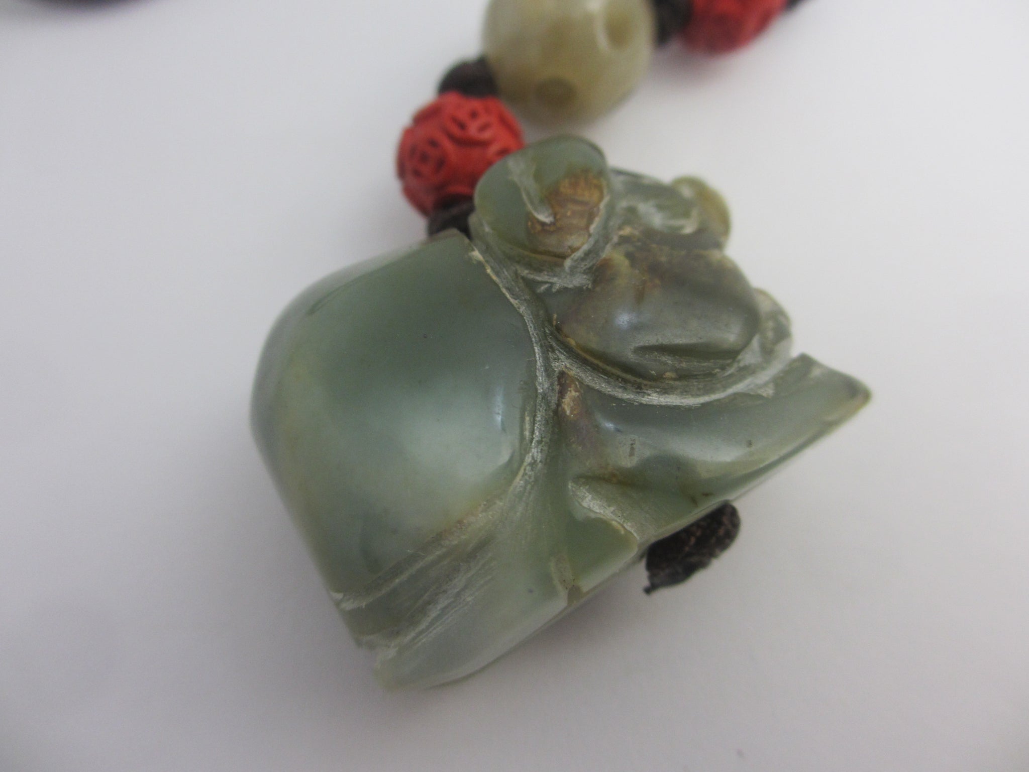 Carved Jade Elephant Cinnabar Lacquer Bead Pendant Charm Fob Vintage Art Deco