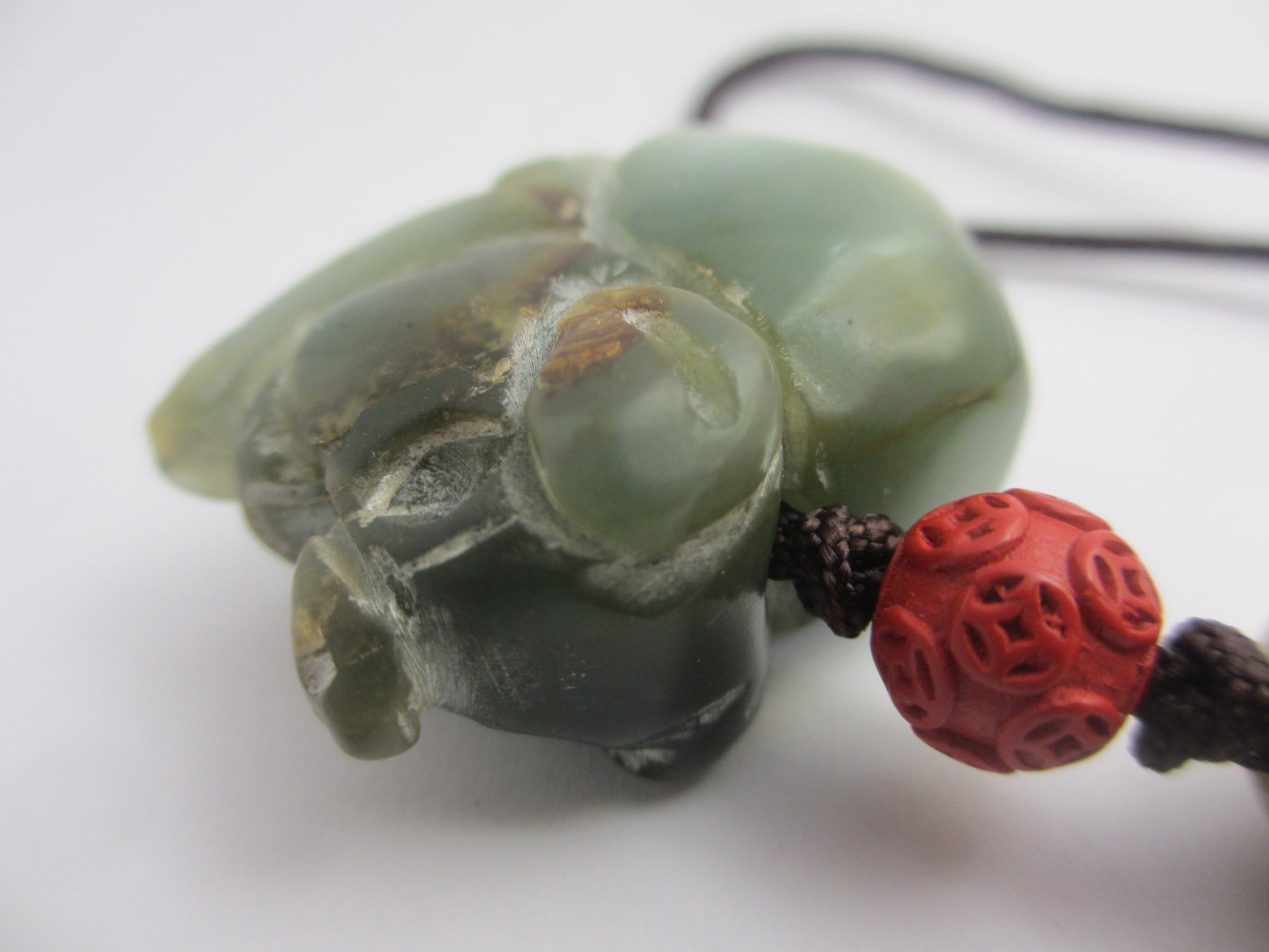 Carved Jade Elephant Cinnabar Lacquer Bead Pendant Charm Fob Vintage Art Deco