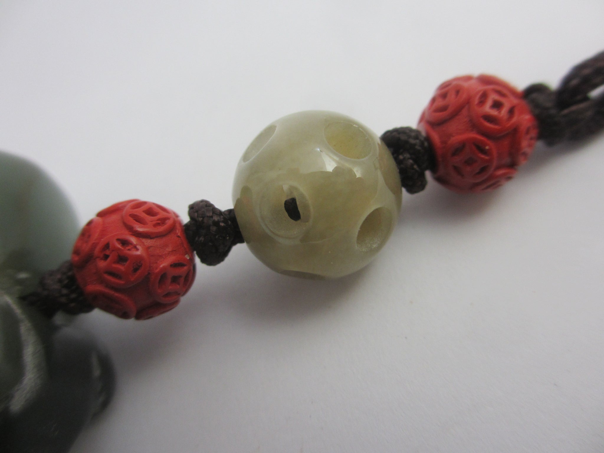 Carved Jade Elephant Cinnabar Lacquer Bead Pendant Charm Fob Vintage Art Deco