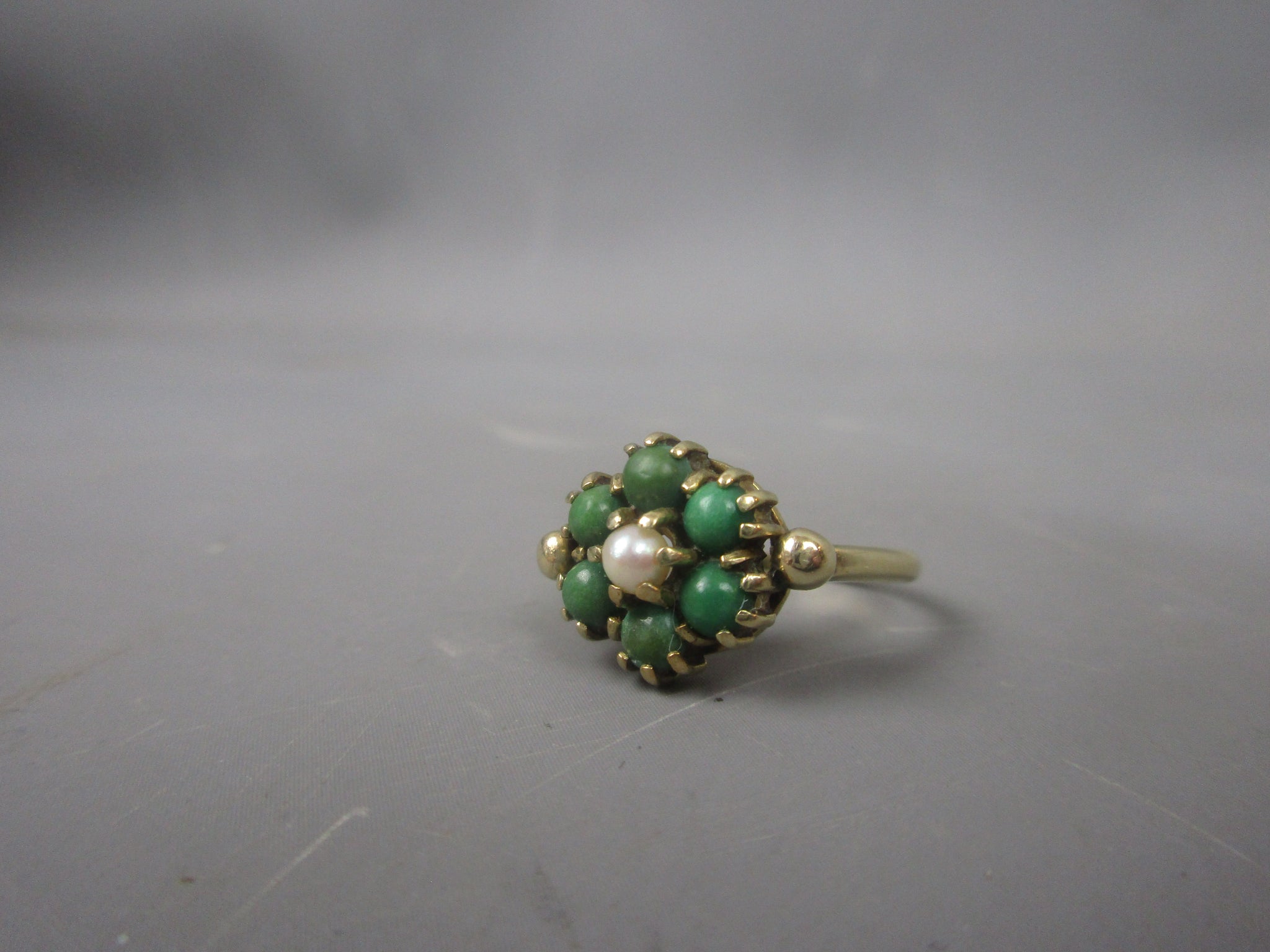 9ct Gold, Green Turquoise & Pearl Floral Cluster Ring Antique c1930 Art Deco