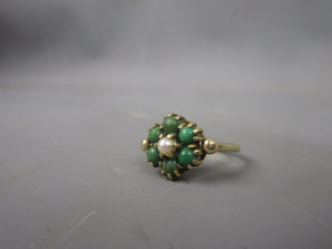 9ct Gold, Green Turquoise & Pearl Floral Cluster Ring Antique c1930 Art Deco