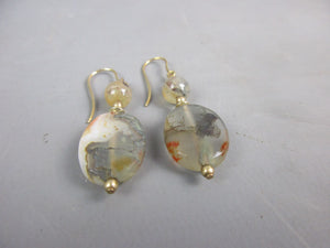 9ct Yellow Gold & Moss Agate Drop Earrings Vintage c1970