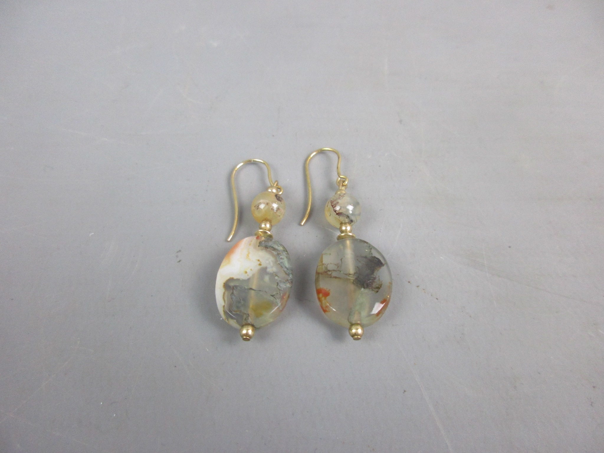 9ct Yellow Gold & Moss Agate Drop Earrings Vintage c1970