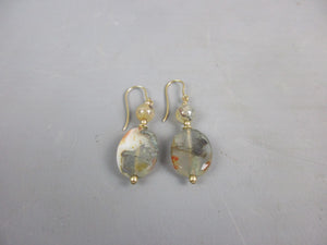 9ct Yellow Gold & Moss Agate Drop Earrings Vintage c1970
