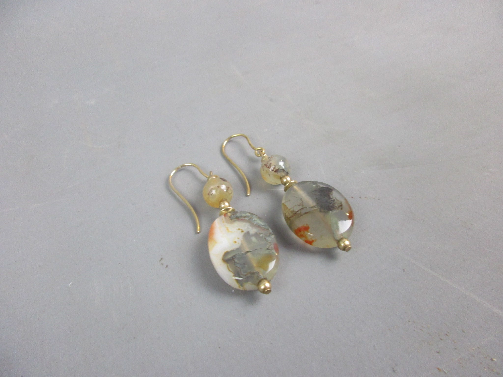 9ct Yellow Gold & Moss Agate Drop Earrings Vintage c1970