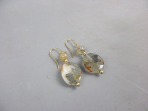 9ct Yellow Gold & Moss Agate Drop Earrings Vintage c1970