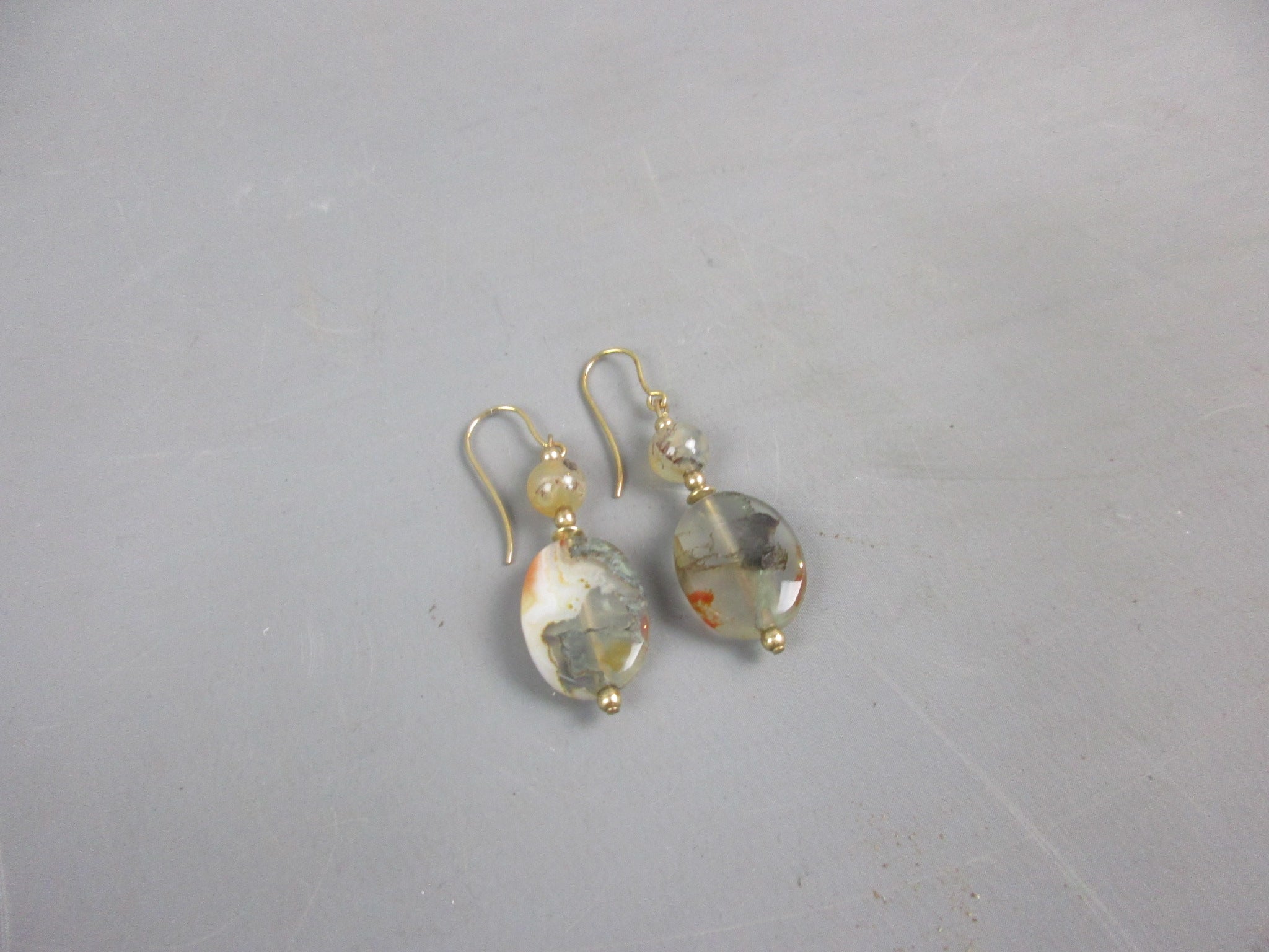 9ct Yellow Gold & Moss Agate Drop Earrings Vintage c1970