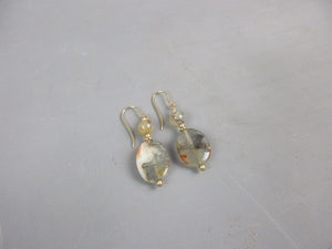 9ct Yellow Gold & Moss Agate Drop Earrings Vintage c1970