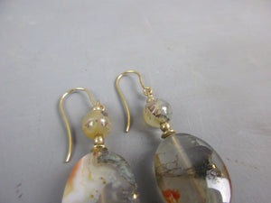 9ct Yellow Gold & Moss Agate Drop Earrings Vintage c1970