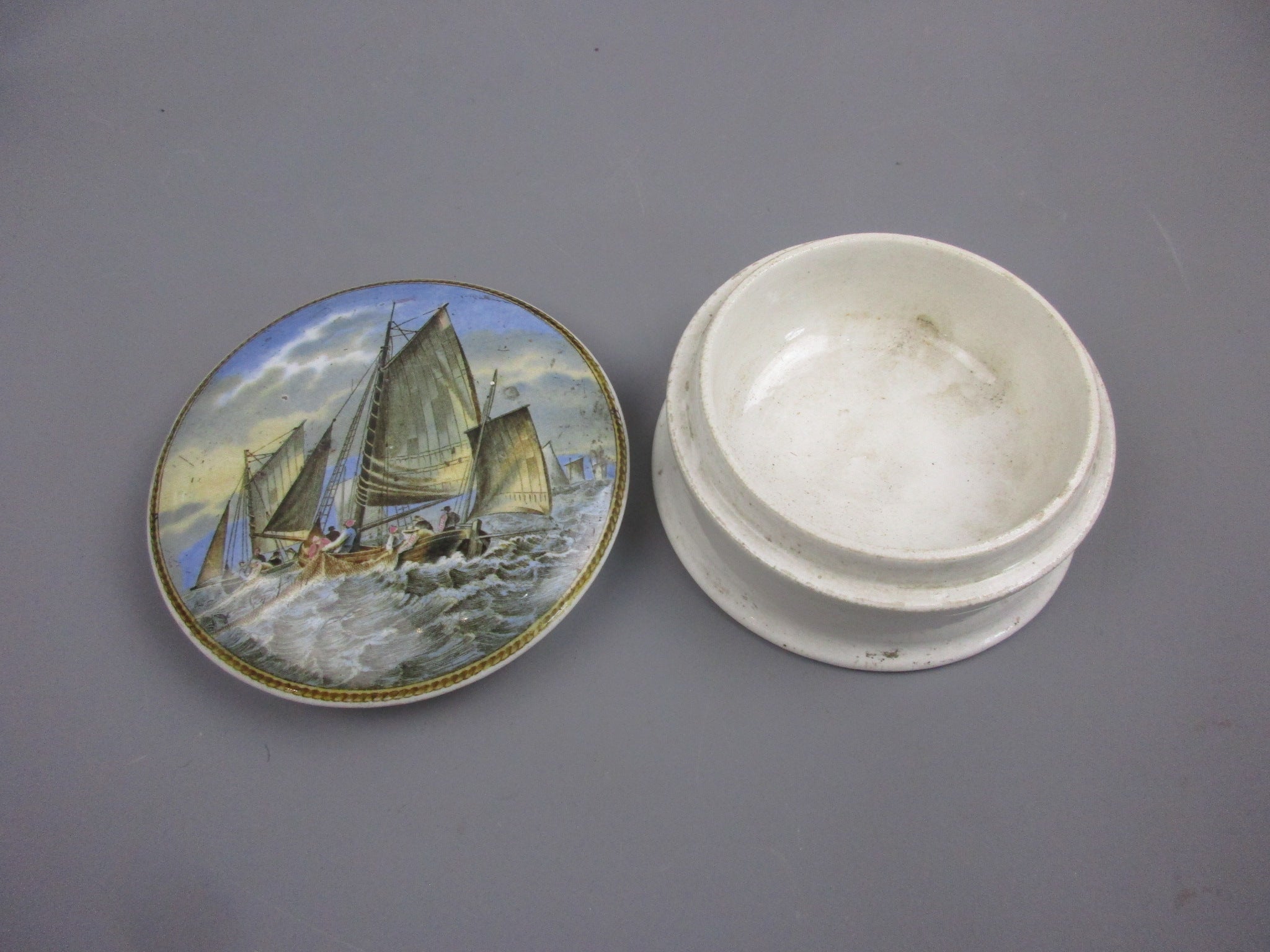 Ceramic Pratt Ware Lidded Pot With Fishing Ships At Sea Design Victorian c1890