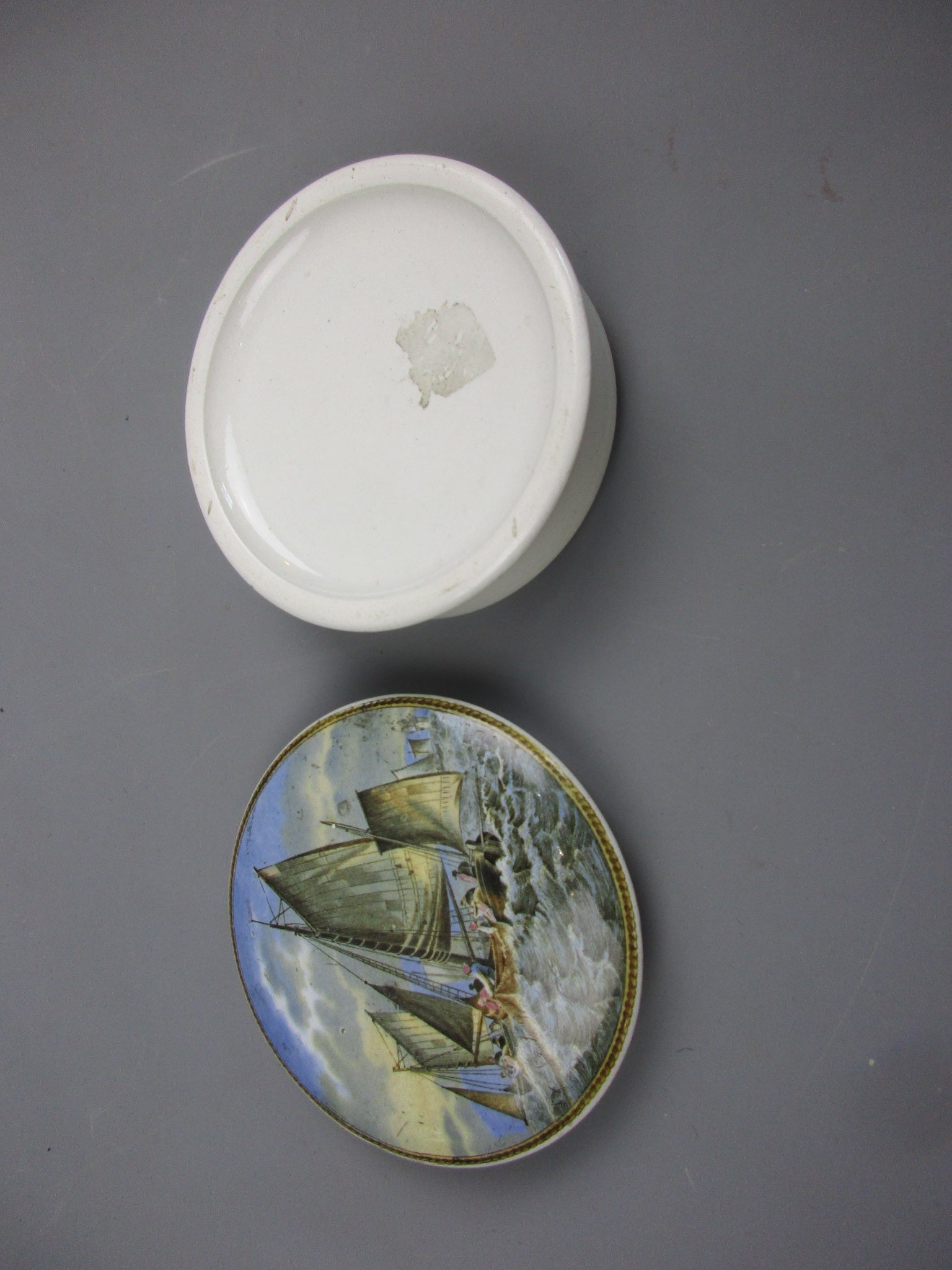 Ceramic Pratt Ware Lidded Pot With Fishing Ships At Sea Design Victorian c1890