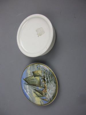 Ceramic Pratt Ware Lidded Pot With Fishing Ships At Sea Design Victorian c1890