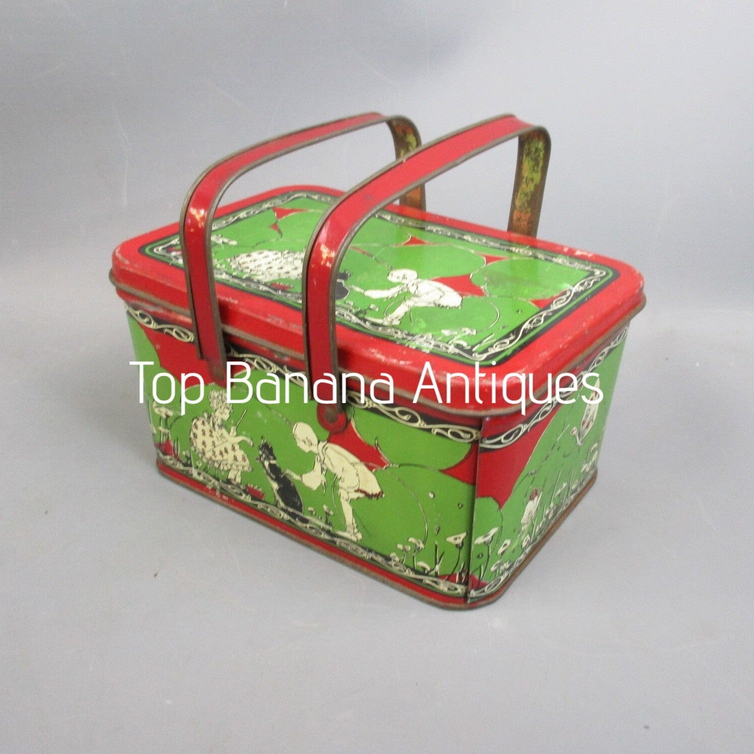 Green & Red Tin Plate Ohio Art Co Lunchbox Antique c1920
