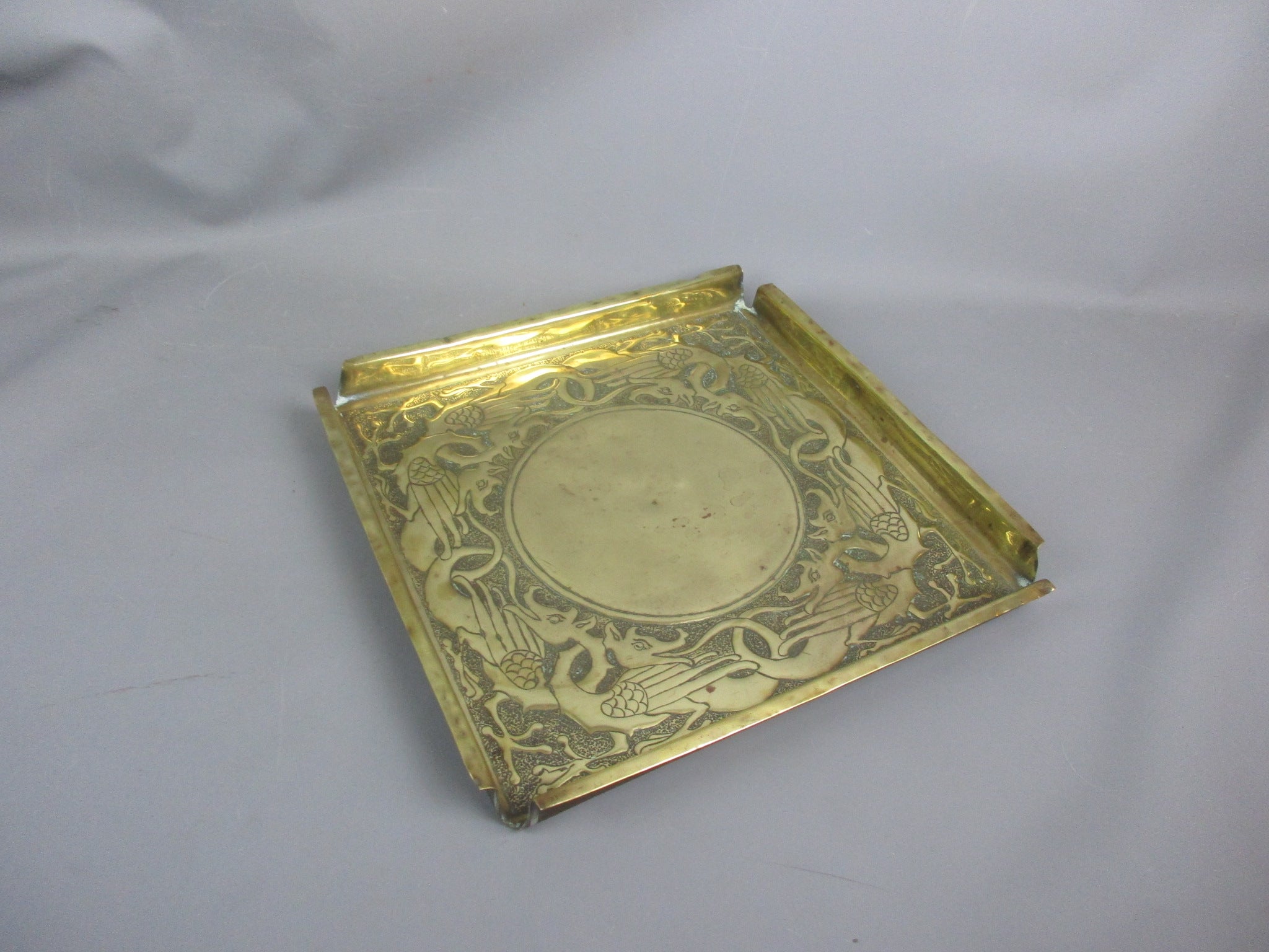 Arts & Crafts Brass Tray With Dragon Details Antique Victorian c1880