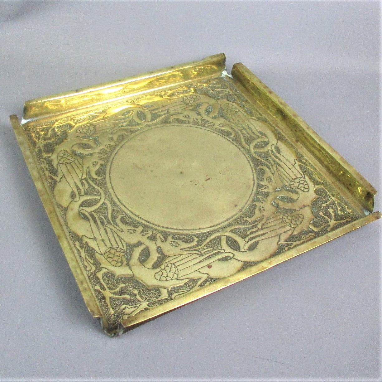 Arts & Crafts Brass Tray With Dragon Details Antique Victorian c1880