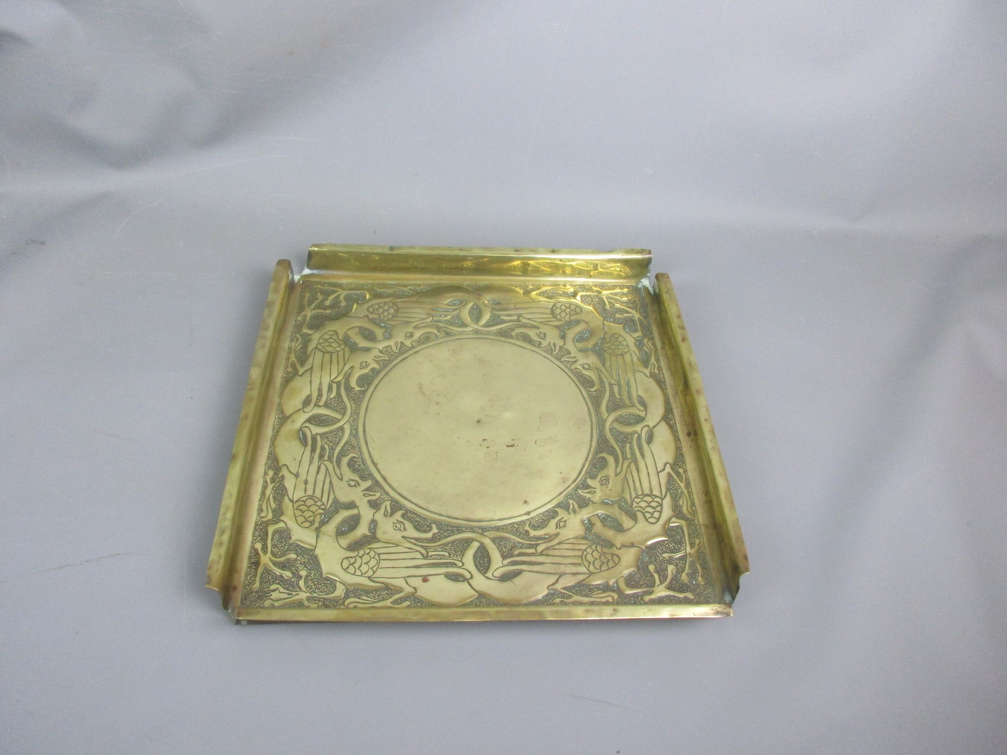 Arts & Crafts Brass Tray With Dragon Details Antique Victorian c1880