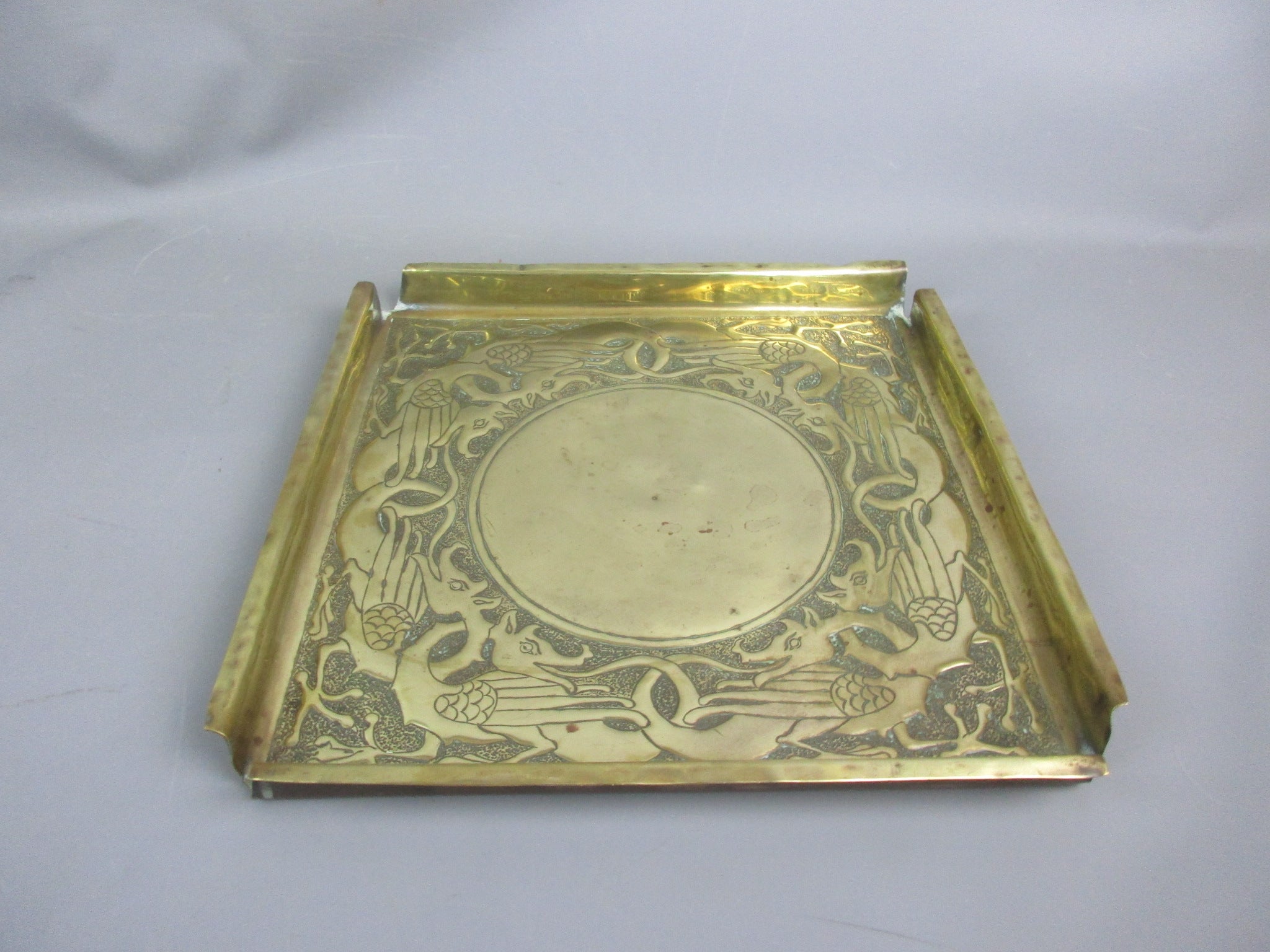 Arts & Crafts Brass Tray With Dragon Details Antique Victorian c1880