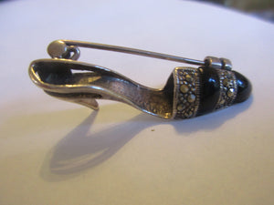 Sterling Silver Marcasite And Black Onyx Shoe Brooch Vintage c1980