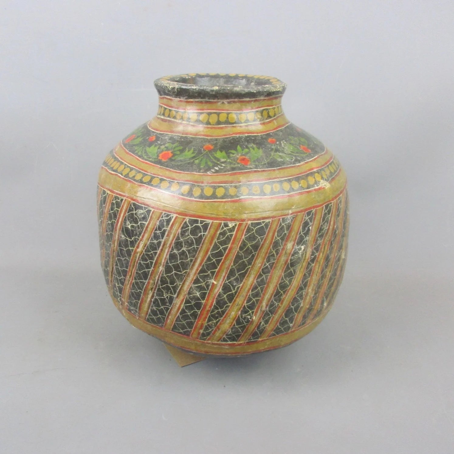 Hand Painted Floral Design Indian Papier Mache Vase Antique c1880